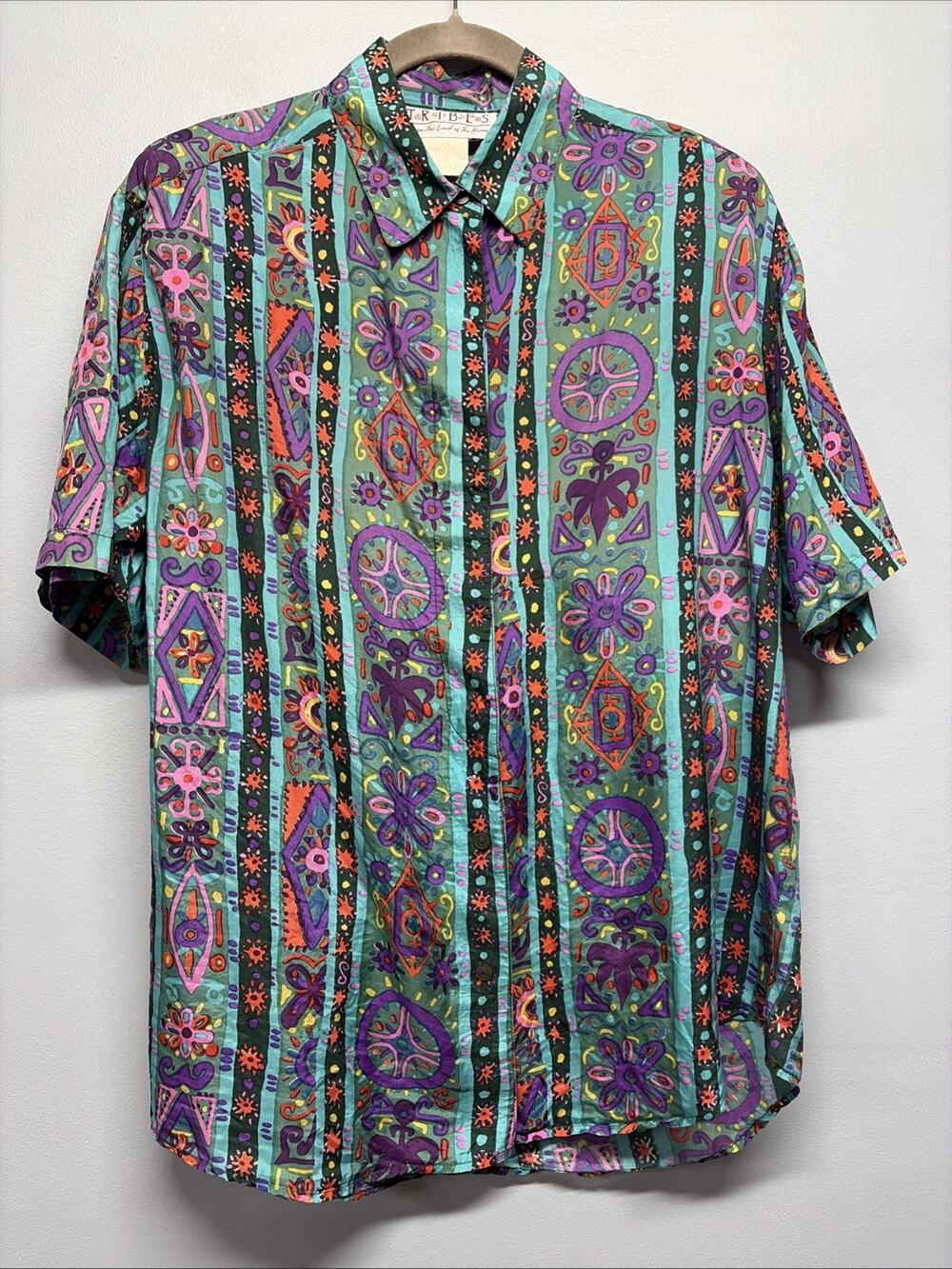 Vintage Tribes From The Land of The Brave Small Batik Button-up Shirt -100% Silk